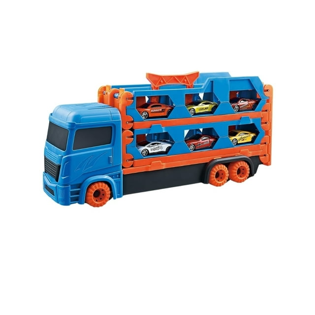PINGÜE® City & Speed | Tráiler de Transporte y Almacenamiento, Pista de Alta Velocidad para Vehículos 1:64, Hasta 12 Hot Wheels, Azul. Tamaño 37x11x19. Juguetes Niños estilo Hot Wheels.