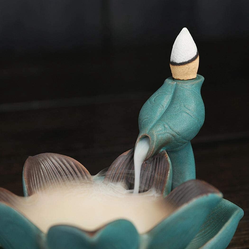 Handmade Ceramic Incense Holder, Backflow Incense Burner with LED Lotus Leaf Figurine Incense Cone Holders Home Decor Gift Decorations Statue Ornaments