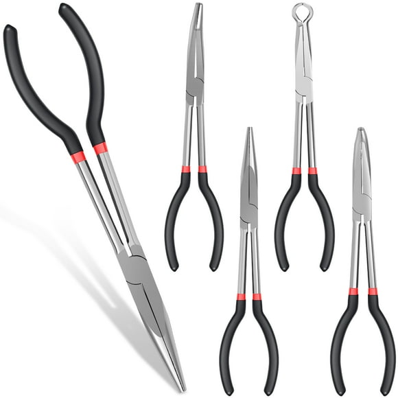 4Pcs Long Needle Nose Pliers Set 11inch Carbon Steel Narrow Space Long Nose Pliers with 45° and 90° Curved Nose Pliers Straight Nose Pliers Durable O-Ring Pliers for Limited Spaces