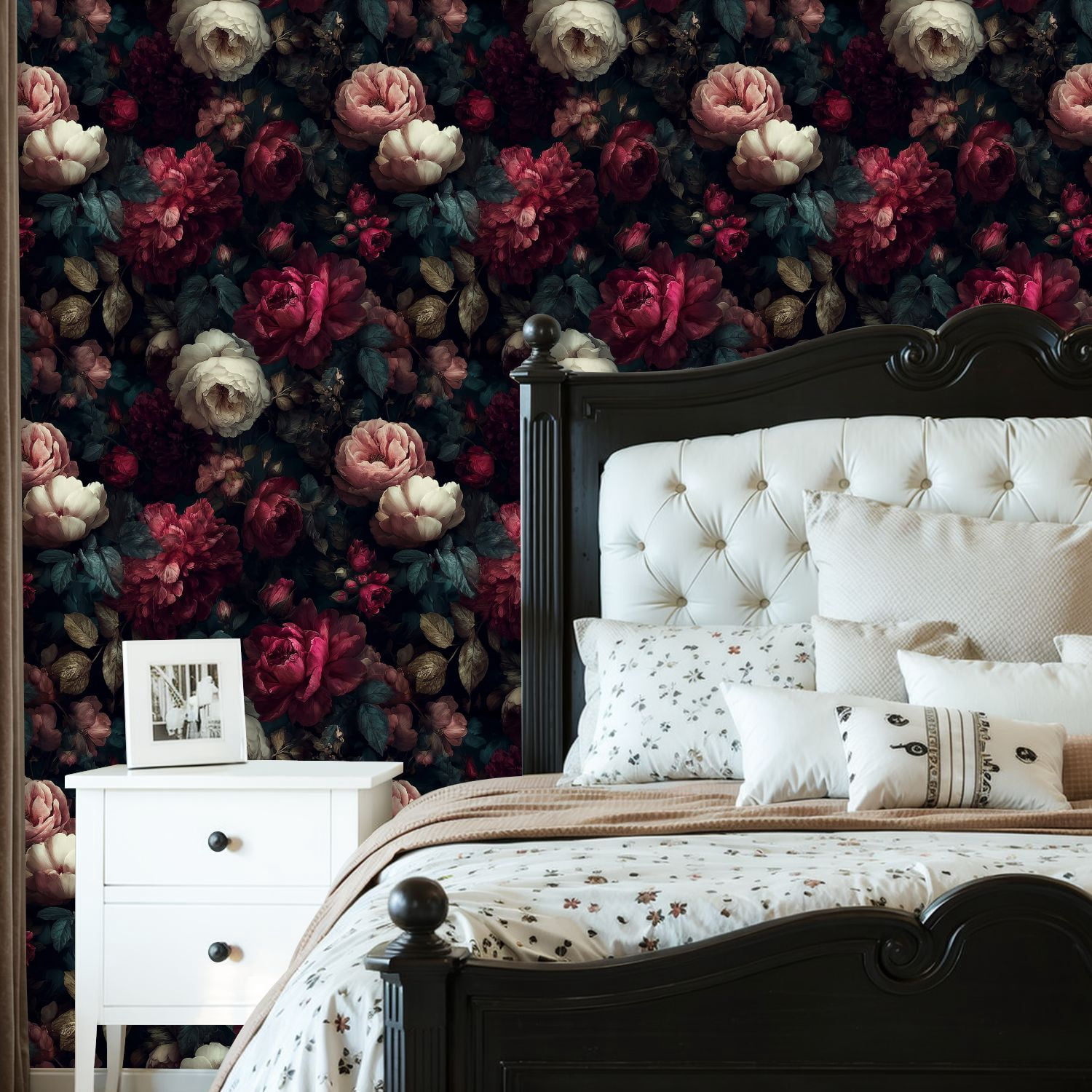 Peel and Stick Wallpaper Dark Floral Peonies Deep Red Blush Pink Ivory Blooms Wall Mural 23.6in x 9.8ft Self Adhesive Removable Wall Paper Renter Friendly Wallpaper for Nursery Bedroom Cabinets