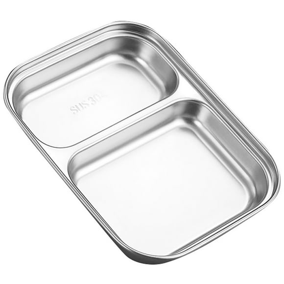 Stainless Steel Dinner Plate Food Tray Flatware Portion Plate Tapas Plates 2 Sections Snack Dish Sauce Tray Child