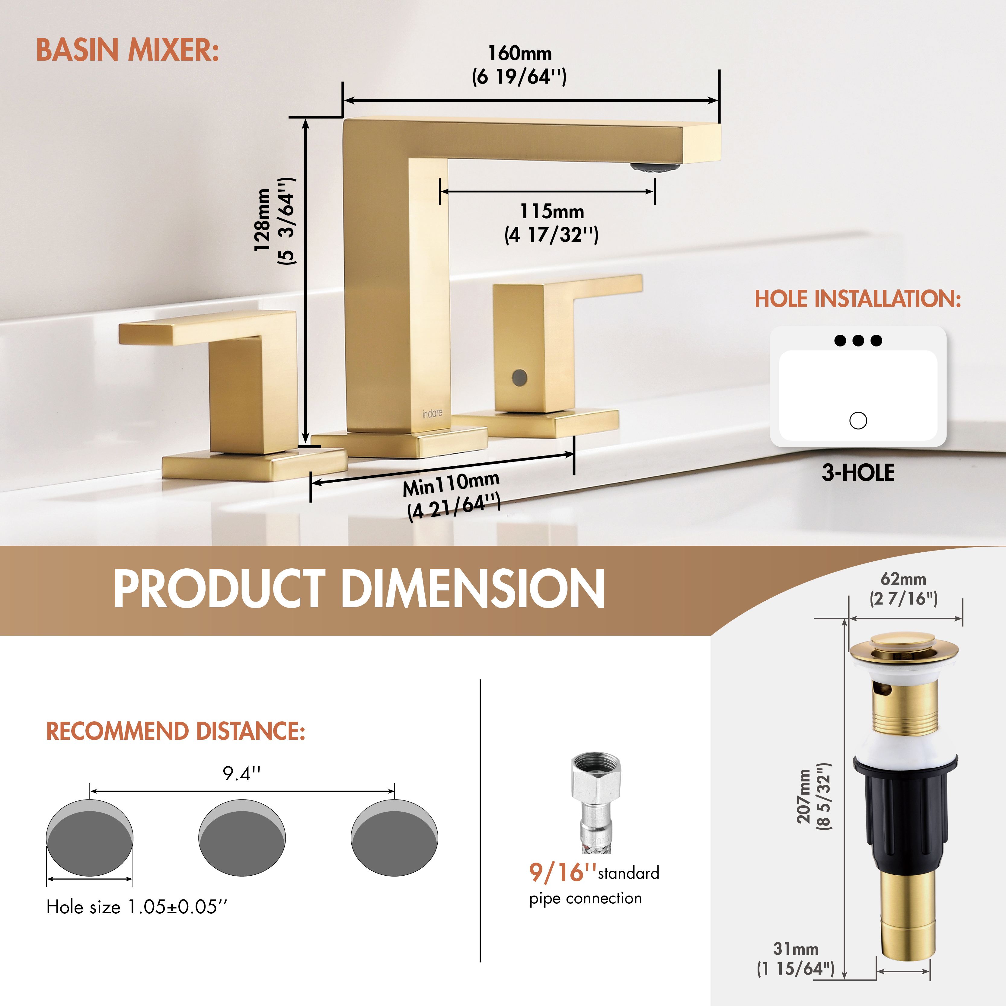 Brushed Gold Bathroom Faucets， Bathroom Faucets for Sink 3 Hole， Two Handles Widespread 4 Inch 8 Inch Brass Bathroom Sink Faucet