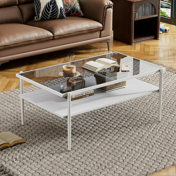 MAYEERTY Rectangle Coffee Table with Gray Tempered Glass Top and White Legs