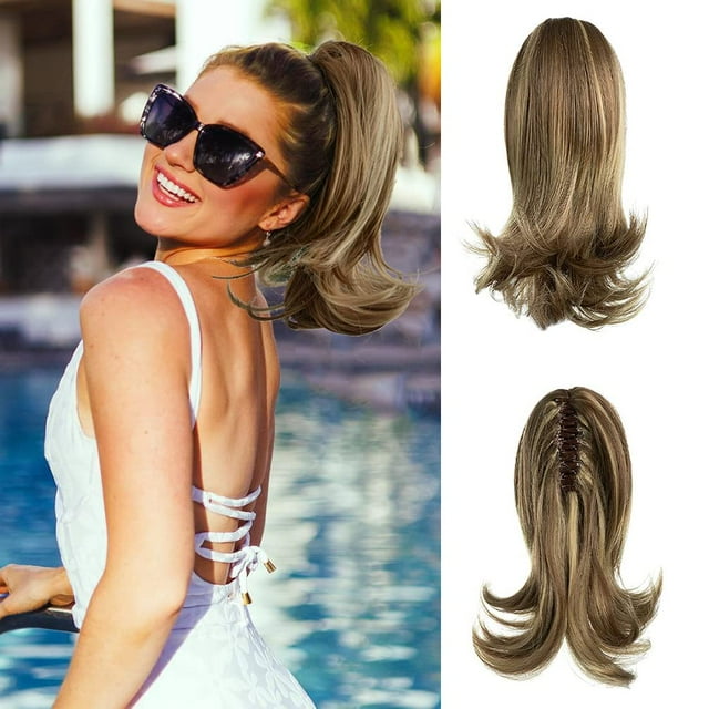 Extensión de cola de caballo corta con clip de garra, pelo sintético de 12 pulgadas, cola de caballo con rizos rectos al extremo, extensión de cola de caballo con mandíbula de clip (marrón)