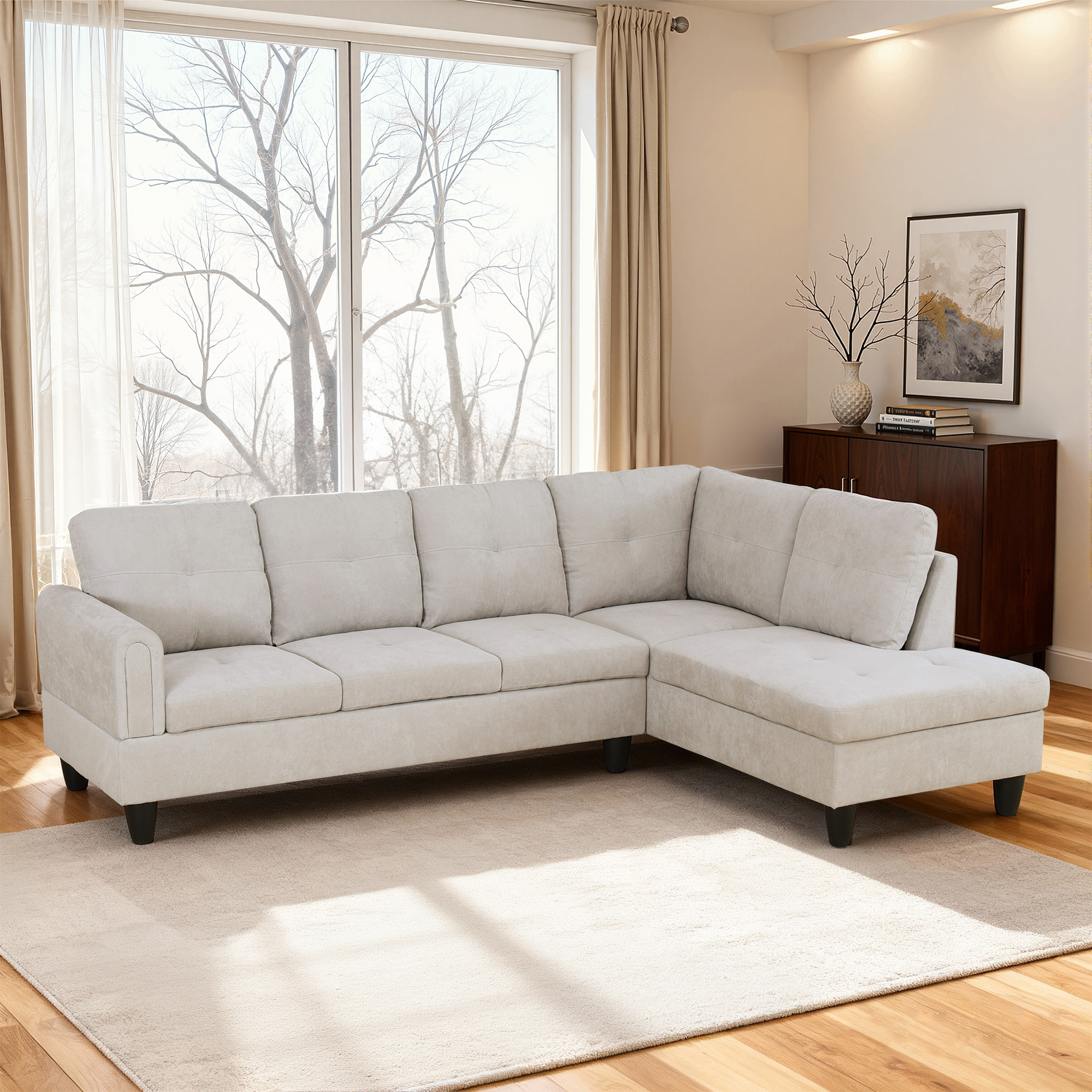 MAYEERTY 97" Sectional Sofa Fluffy Fabric Modular Couches with Reversible Chaise without Ottoman, Light Grey(Right)