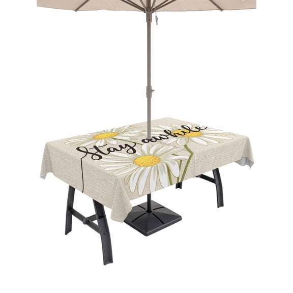 Outdoor Tablecloths with Umbrella Hole & Zipper, Daisy Flower Tablecloth Rectangle 60x84 Inch, Vintage Farmhouse Country Floral Plant Waterproof Table Cloth, Patio/Pool/Picnic Table Covers