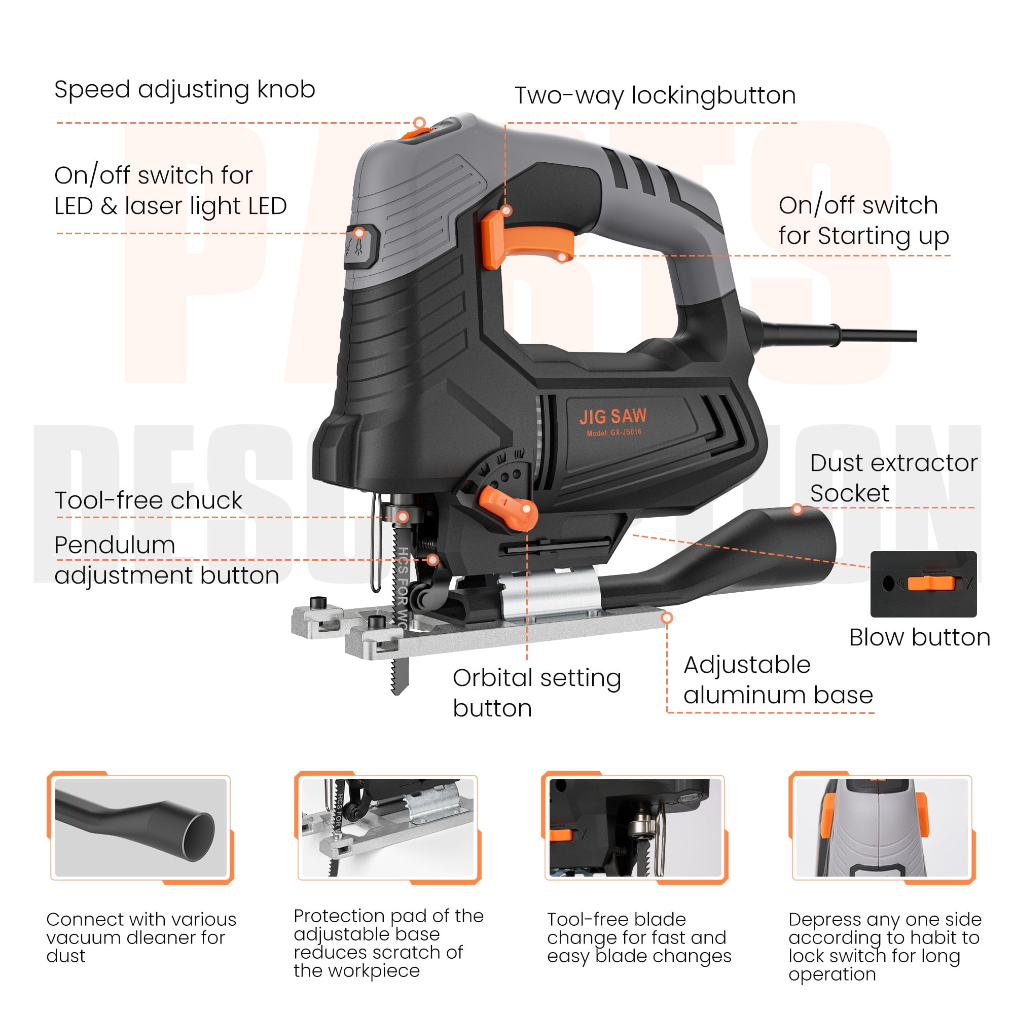 ENGINDOT 800W 120V,6.7A 6 Variable Speed Jigsaw,4 Orbital Power Saw with Laser&LED Light&6 Blades for Wood/Steel/PVC Cutting