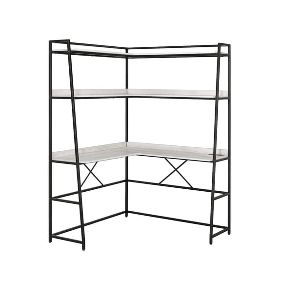 Easton 2-Shelf Metal Corner Writing Desk with USB Port, Light Oak and Matte Black