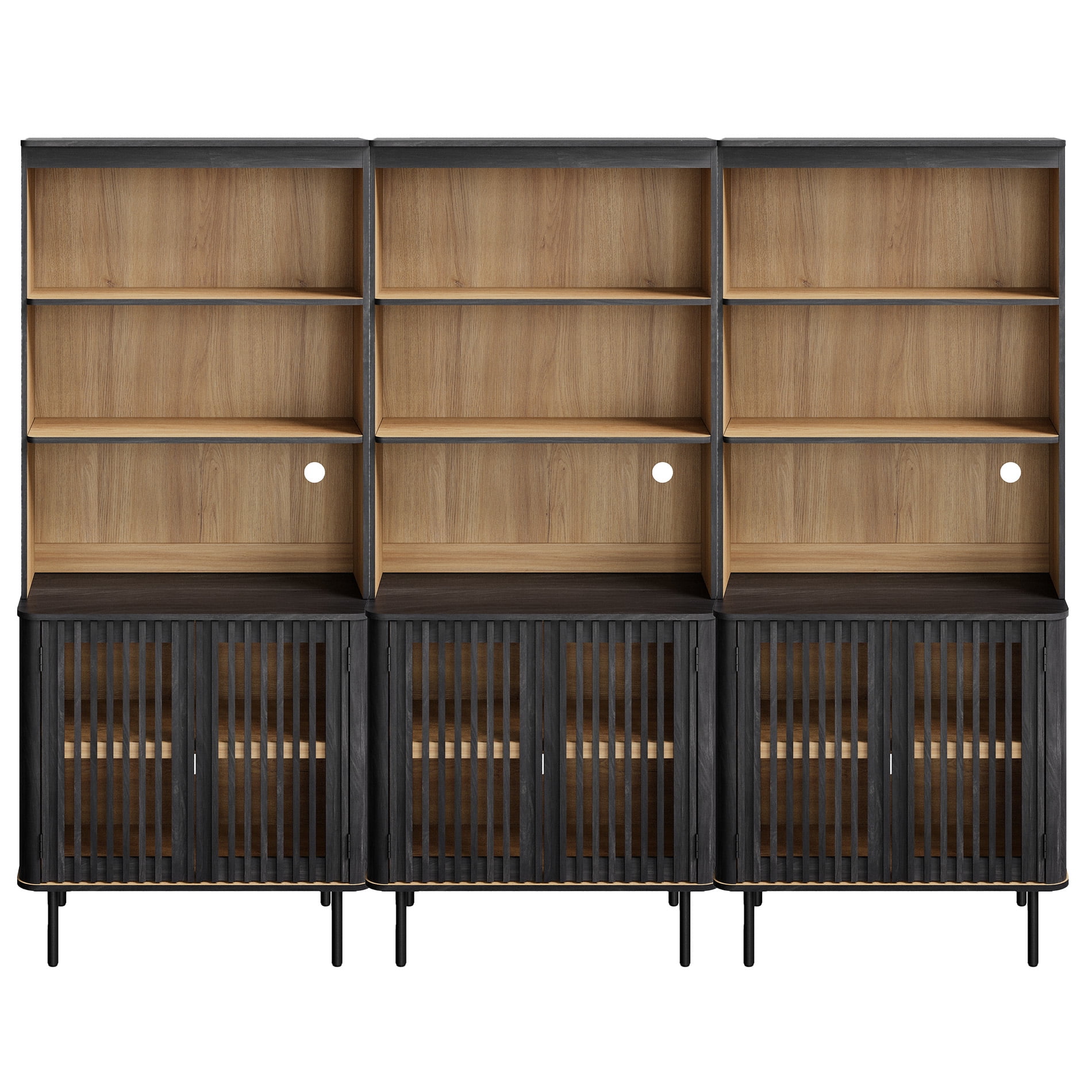 WAMPAT 72.8" Tall 5-Tier Bookshelf with Doors, Modern Bookcase with Storage, Adjustable Shelves, Wood Storage Cabinet, Black，3 PCS