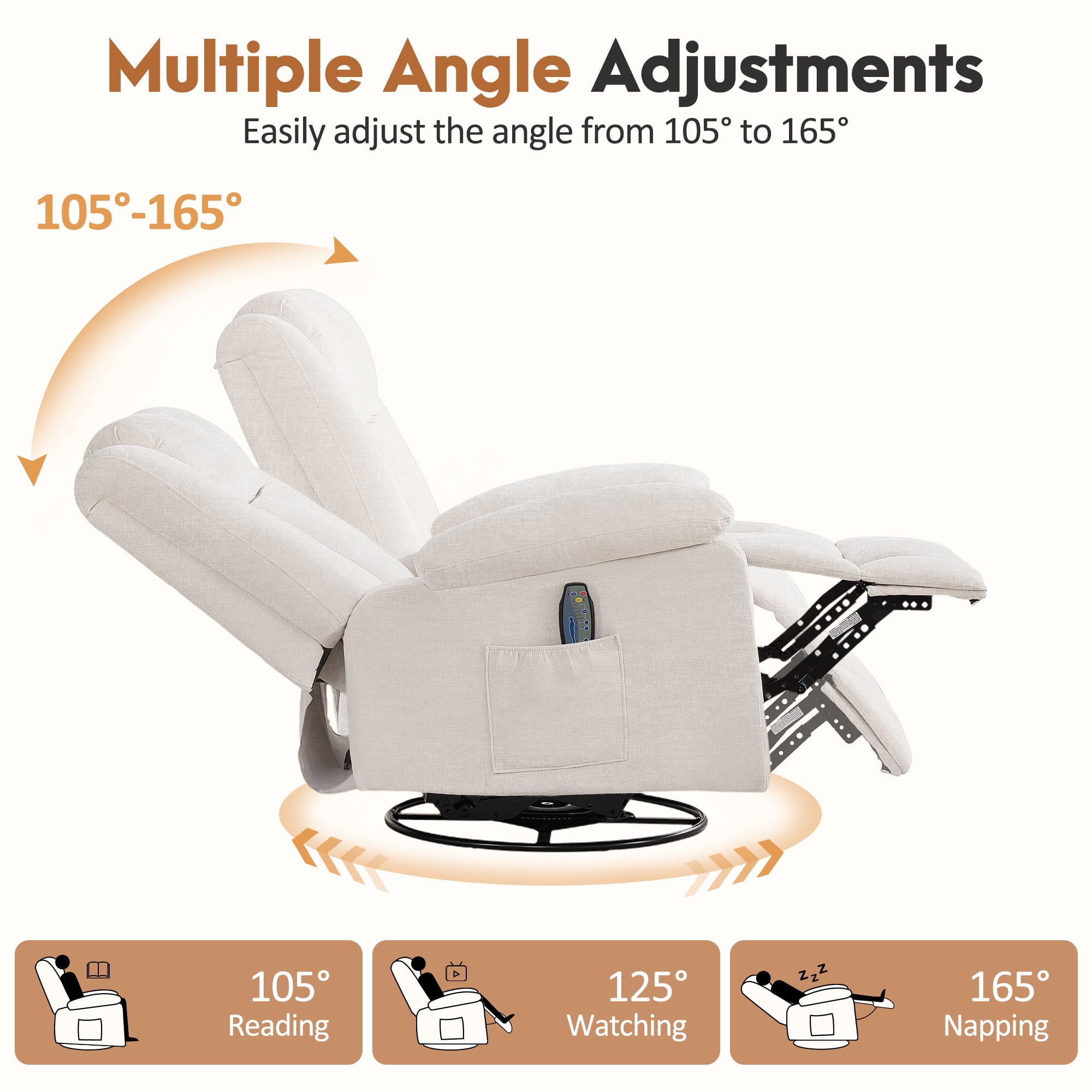 Korser 360°Swivel Rocker Recliner with Massage and Heating,Rocker Recliner Chair for Adults with Side Pockets Nursery Glider Recliner for Living Room,Chenille,Beige