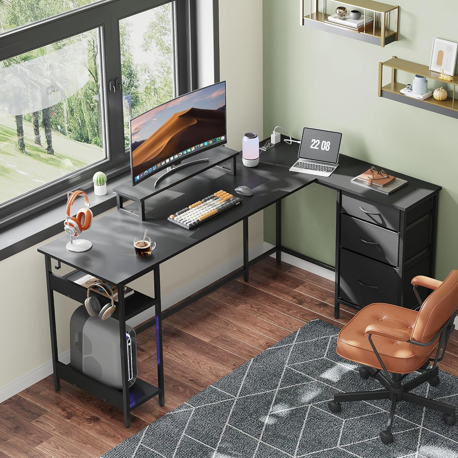 HZAT L Shaped Desk with Drawers, L Shaped Gaming Desk with Power Outlets, LED Lights, Monitor Stand, Computer Table, Large Corner Desk for Home Office (Black, 66 Inch)
