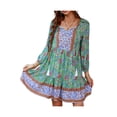 thumbnail image 6 of Genuiskids Women's Bohemian Floral Mini Dress Long Sleeve V Neck Casual Elastic High Waist Chiffon Ruffle Swing A Line Dress, 6 of 7