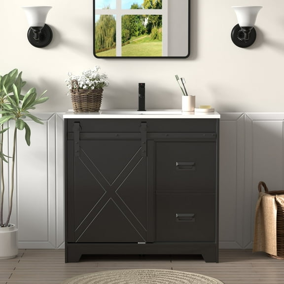 36 Inch Farmhouse Bathroom Vanity Sliding Barn Door Integrated Sink Top Adjustable Interior Shelf