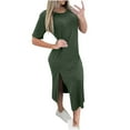 thumbnail image 2 of Summer Dresses for Women 2025 Ndbuld Women's Casual Short Sleeved Split Solid Round Neck Dress Savings Up to 30% off Green S, 2 of 6