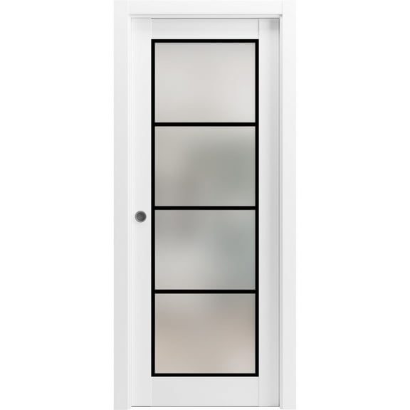 Sliding French Pocket Door 18 x 80 inches | Planum 2132 White Silk Frosted Glass | Kit Trims Rail Hardware | Solid Wood Interior Bedroom Sturdy Doors