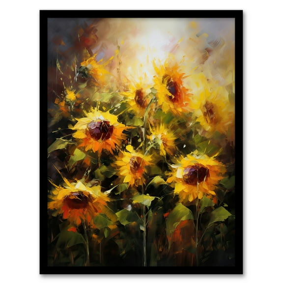 Sunflower Field Vibrant Oil Painting Yellow Orange Green Large Flower Summer Blooms Nature Colourful Bright Floral Modern Artwork Art Print Framed Poster Wall Decor 12x16 inch