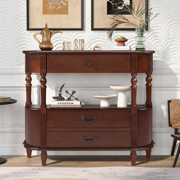 Kadyn 43" Retro Entry Table with 3 Drawers, Curved Console Table with Storage Shelf for Living Room, Cherry