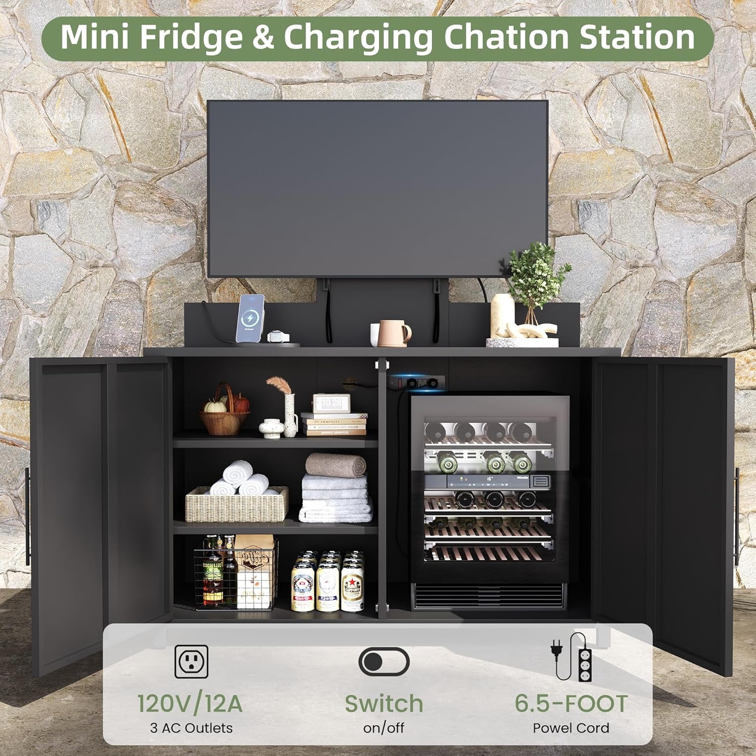 YODOLLA Outdoor Storage Cabinet with TV Mount for 40–85 Inch TVs, Outdoor TV Stand with Storage Cabinet Waterproof, Heavy Duty Metal Entertainment Center for Mini Fridge Storage in Black