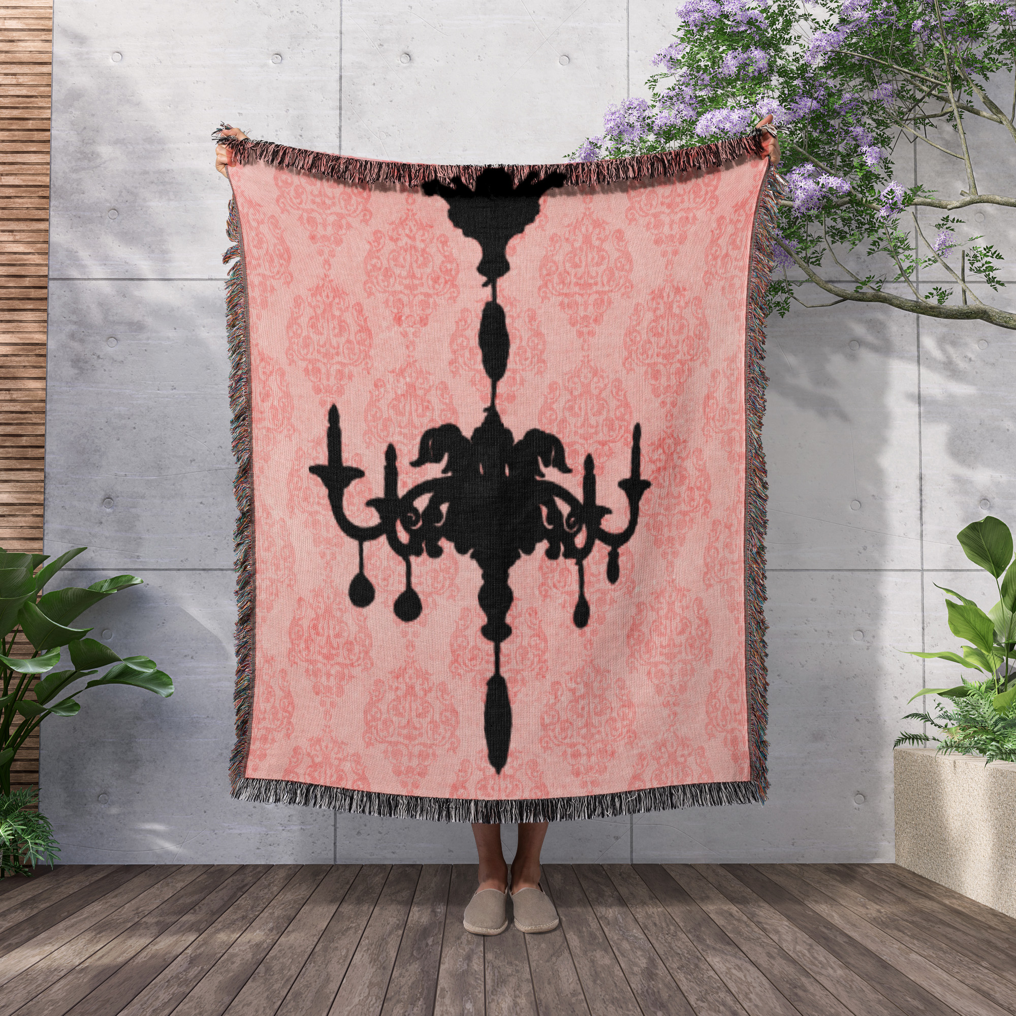 Black Chandelier Against A Pink Damask Background, Woven Blanket