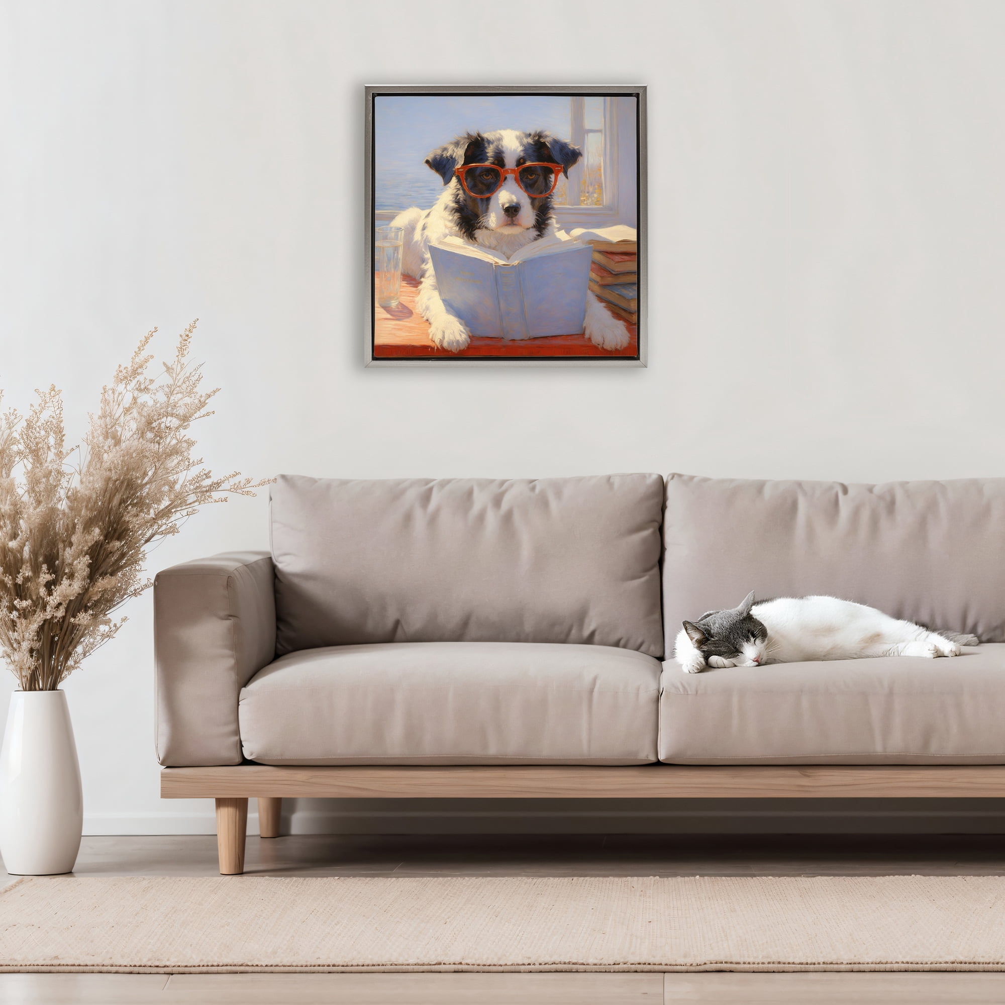 Stupell Industries Sunlit Dog Reading By Window Gray Framed Floater Canvas Wall Art, design by Angie Hawke