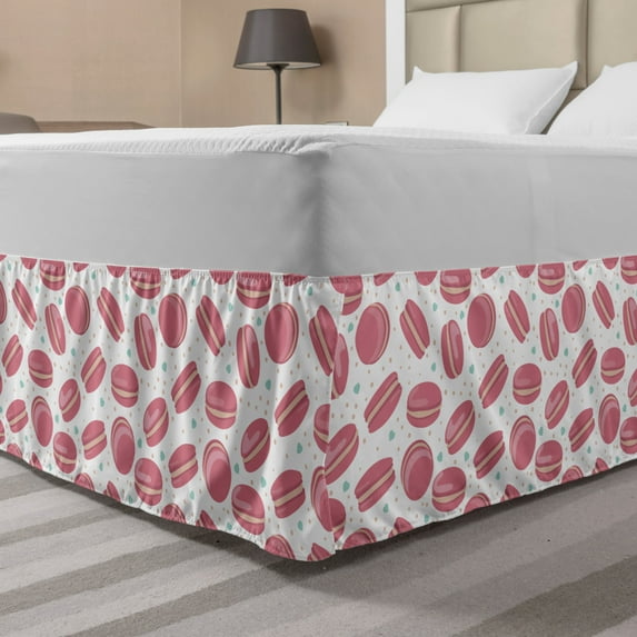 Sweets Bed Skirt, Macaroon Cookies Hearts Dots Cartoon Arrangement Delicious Illustration, Elastic Bedskirt Dust Ruffle Wrap Around for Bedding Decor, 4 Sizes, Pale Pink and White, by Ambesonne