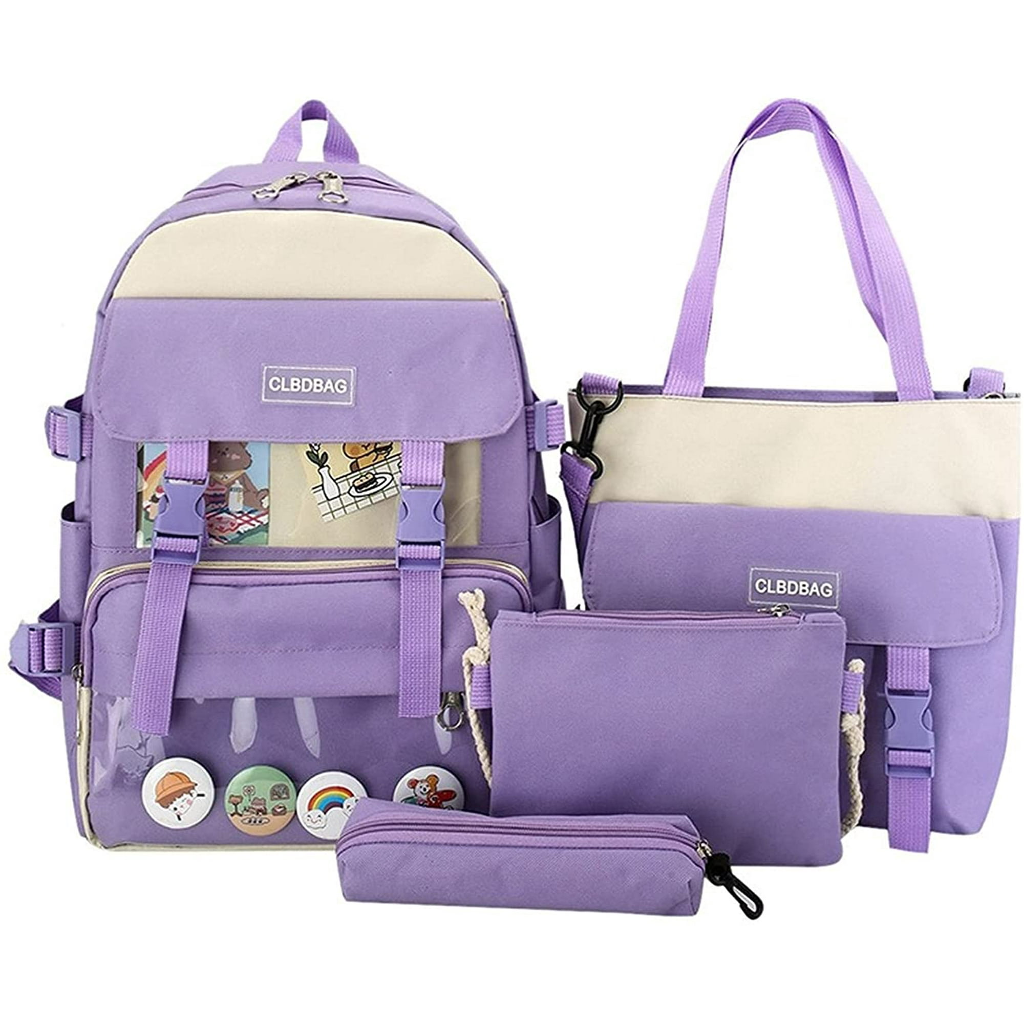 4Pcs Canvas School Backpack Combo Set with Kawaii Teddy Bear