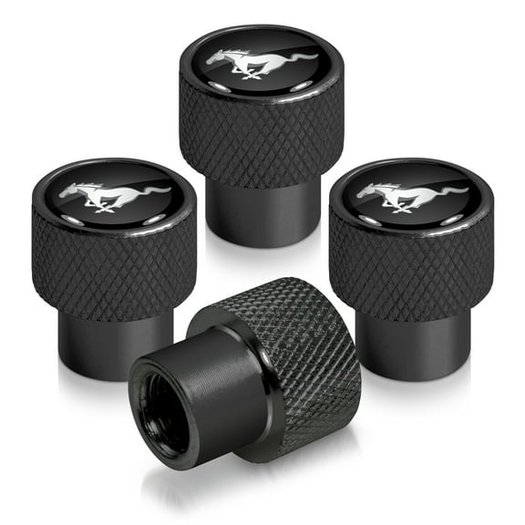 Ford Mustang in Black on Black Aluminum Tire Valve Stem Caps