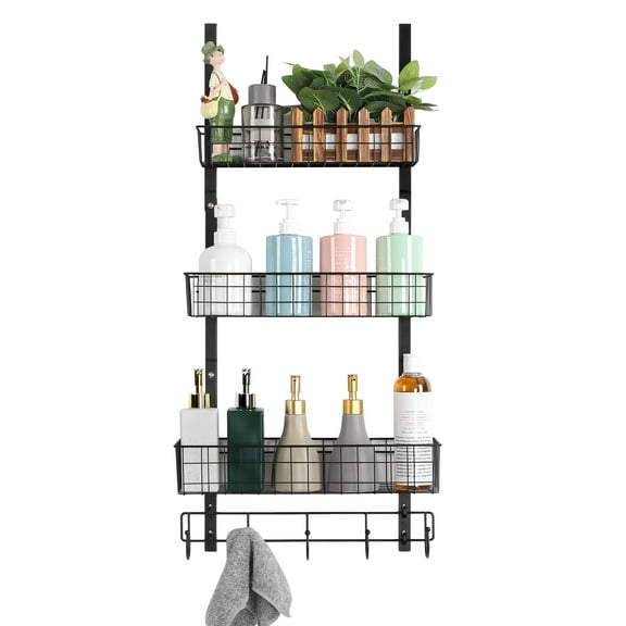 3-Tier Over The Door Organizer with Baskets & Hooks - Black Metal Hanging Storage Rack for Kitchen, Bathroom, Pantry