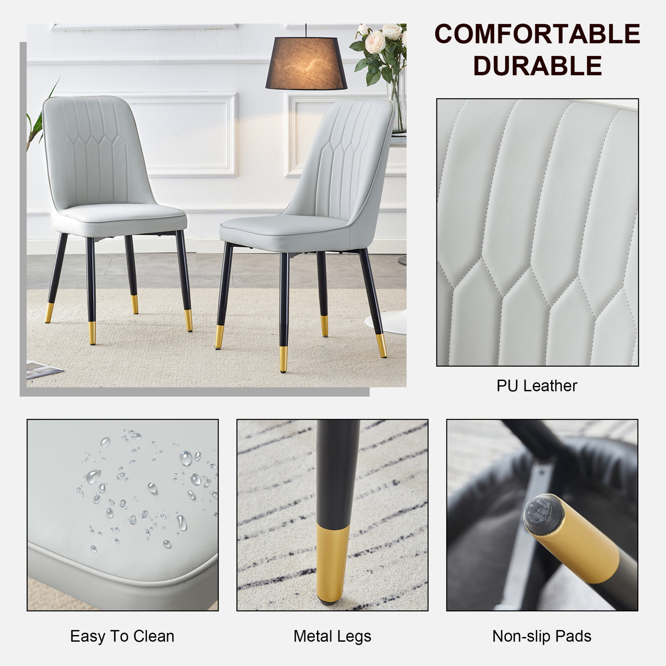 Noble House 35" Modern Dining Chairs, Thick Padded PU Leather Seat & Back Side Chairs, Metal Legs, Light Gray, Set of 2