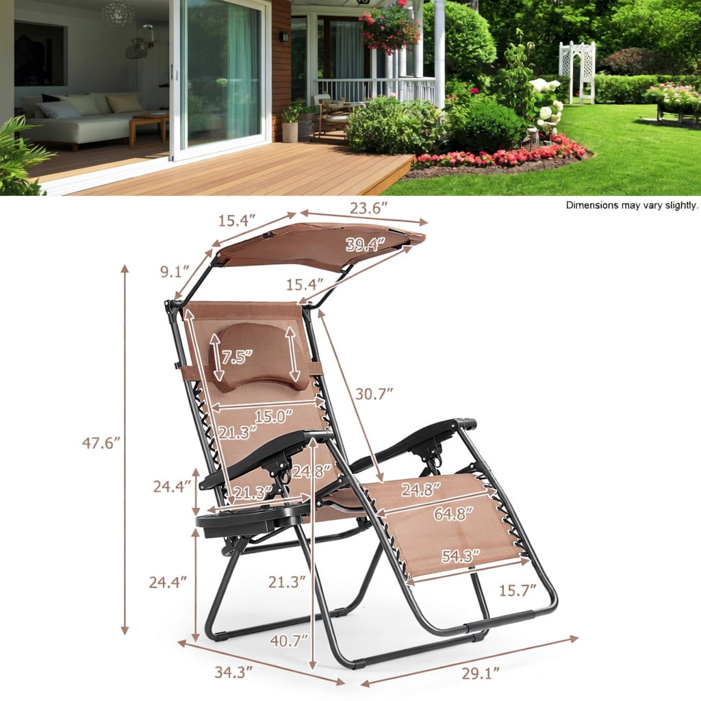Hommoo Folding Recliner Lounge Chair with Adjustable UV-Protective Shade Canopy, Removable Headrest & Cup Holder, Steel Frame, Brown