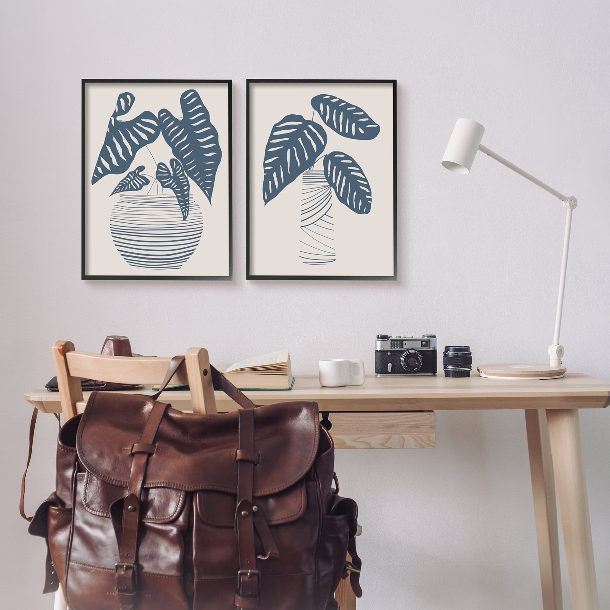 Stupell Industries Neat Potted Plant Leaves Minimal Striped Vases Graphic Art Black Framed Art Print Wall Art, Set of 2, Design by Daniela Santiago