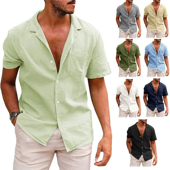 Zoeecloth Shirts for Mens Linen Cotton Lapel Shirt Casual Button Down Sports Mens Short Sleeve Shirts S-XXL