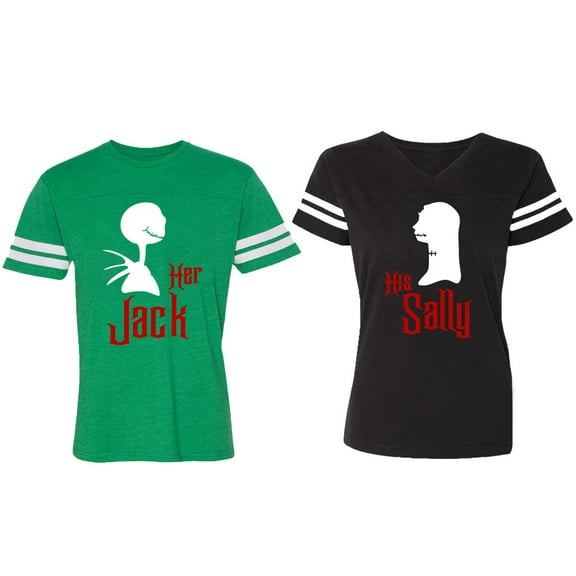 Her Jack His Sally Matching Couple Cotton Jerseys (Men Green / Women Black) (Men S / Women S)