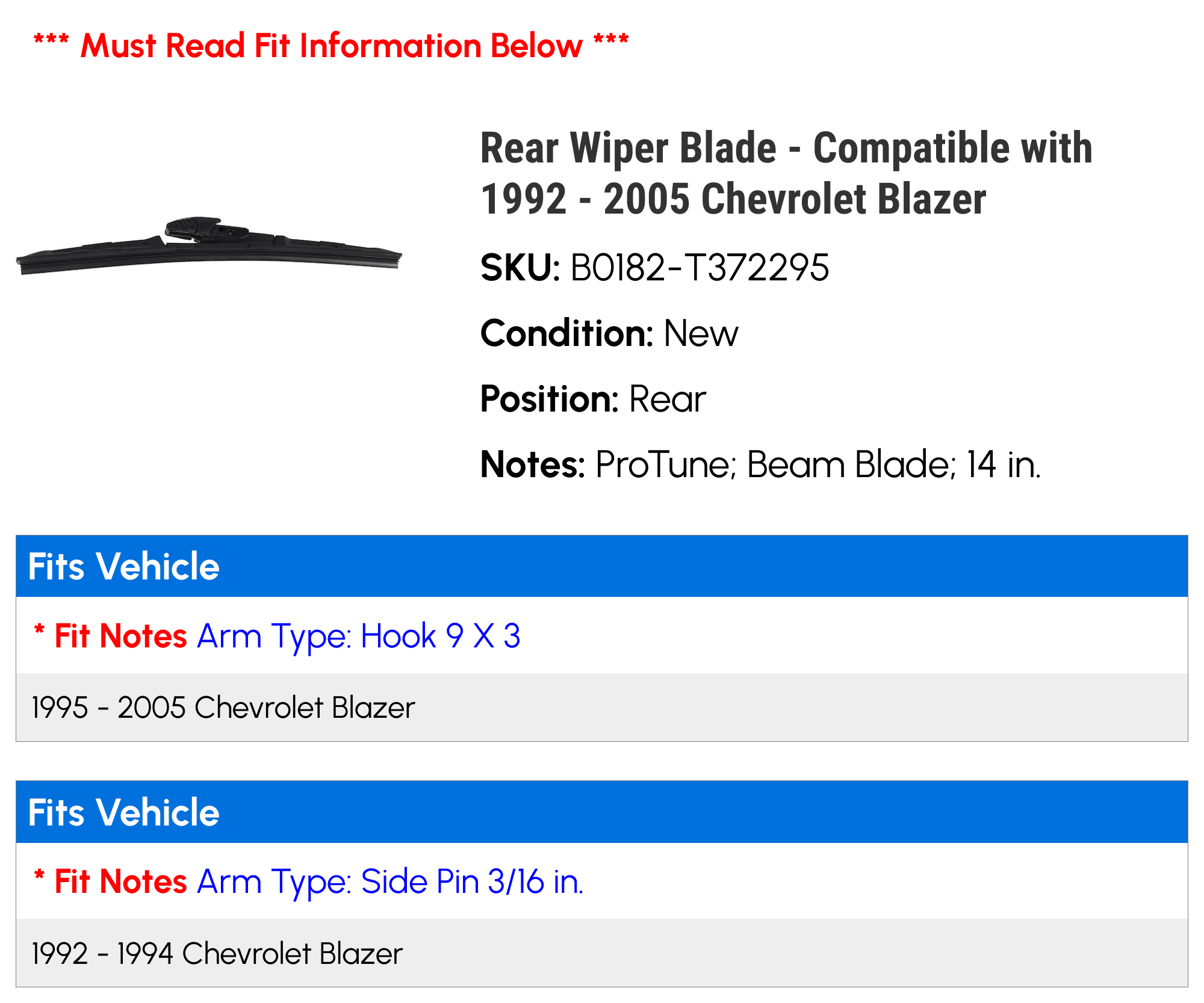 Rear Wiper Blade - Compatible with 1992 - 2005 Chevy Blazer 1993 1994 1995 1996 1997 1998 1999 2000 2001 2002 2003 2004