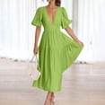 thumbnail image 5 of Women's Deep V Neck Puff Short Sleeve Tiered Dress Elastic High Waist Flowy A Line Midi Dresses, 5 of 7