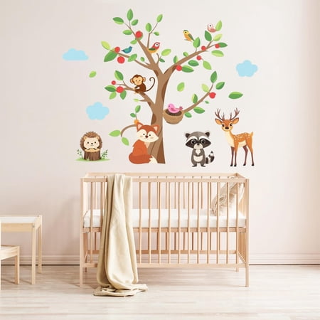 2Sheets Watercolor Jungle Animal Wall Decal Cartoon Monkey Fox Trees Wall Stickers for Bedroom Living Room Cabinet Nursery Decoration Creative Wall Art Decor