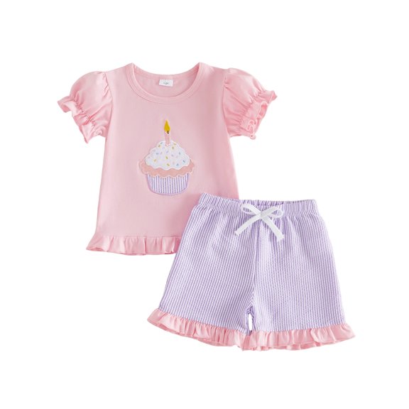 Kids Girls Birthday Outfit, Short Sleeve Crew Neck Embroidery Cupcake T-shirt with Striped Shorts Summer Outfit