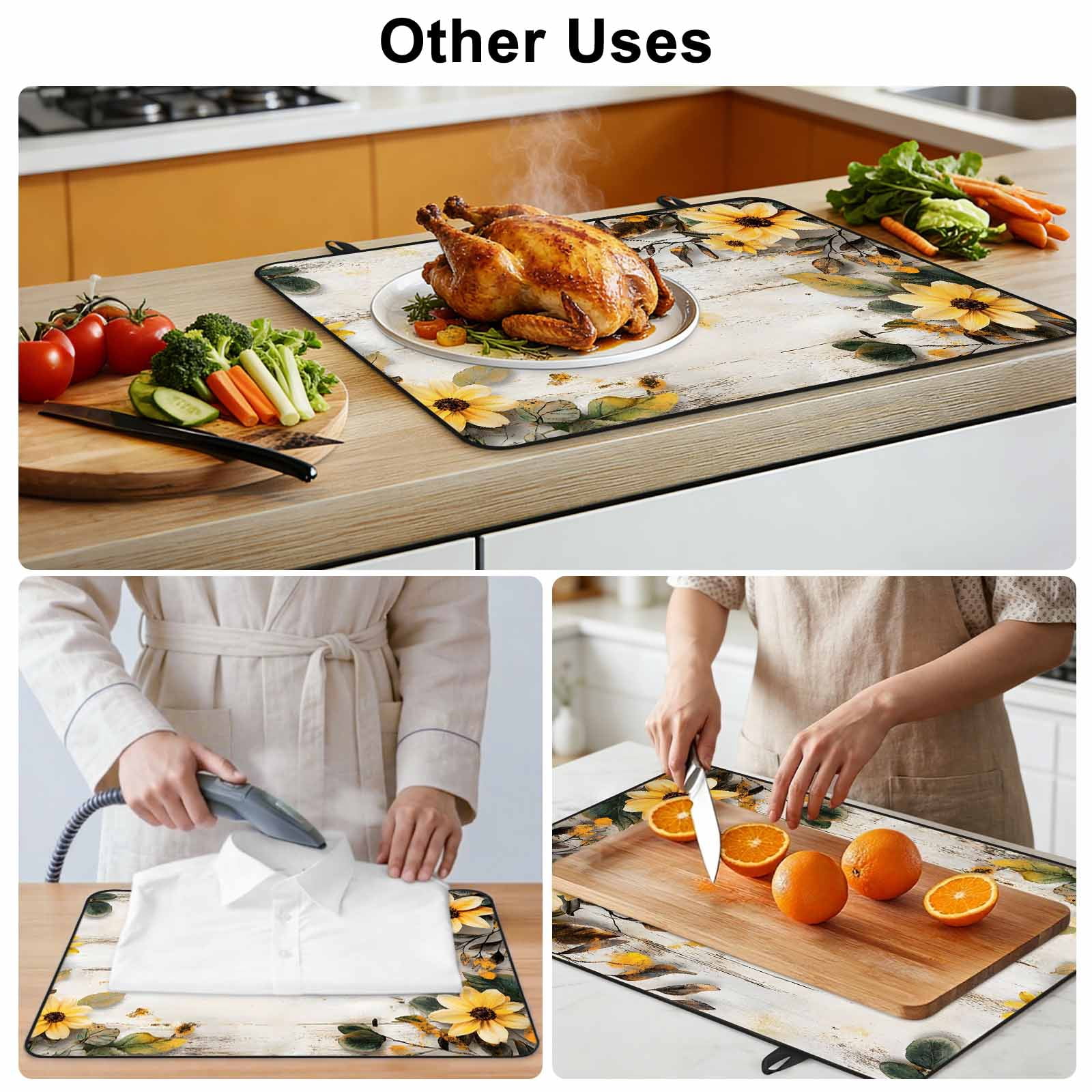 Yellow Floral Spring Stove Top Cover for Electric Stove, Heat-proof & Non Slip Glass Top Stove Cover Protector, Vintage Summer Botanical Kitchen Flat Cooktop Rubber Mat 24x21 Inches