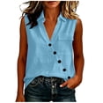thumbnail image 6 of aohooy Womens Sleeveless V Neck Shirts Cotton Linen Oblique Button Decorate Blouse Loose Collared Work Tank Tops with Flap Pocket Light Blue,M, 6 of 8
