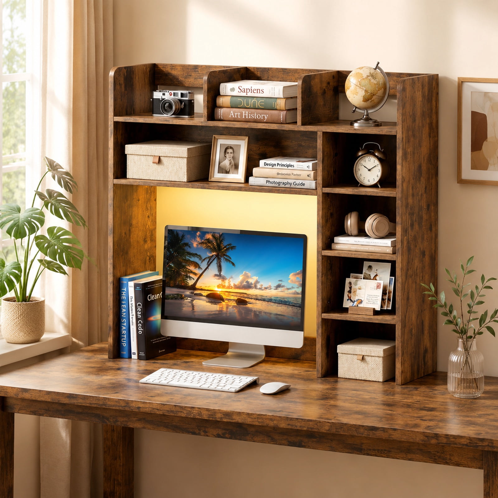 Furnibear Desktop Bookshelf with LED Lights 35.5 Inch Desk Hutch Storage Organizer with Adjustable Shelves and Remote, Rustic Brown