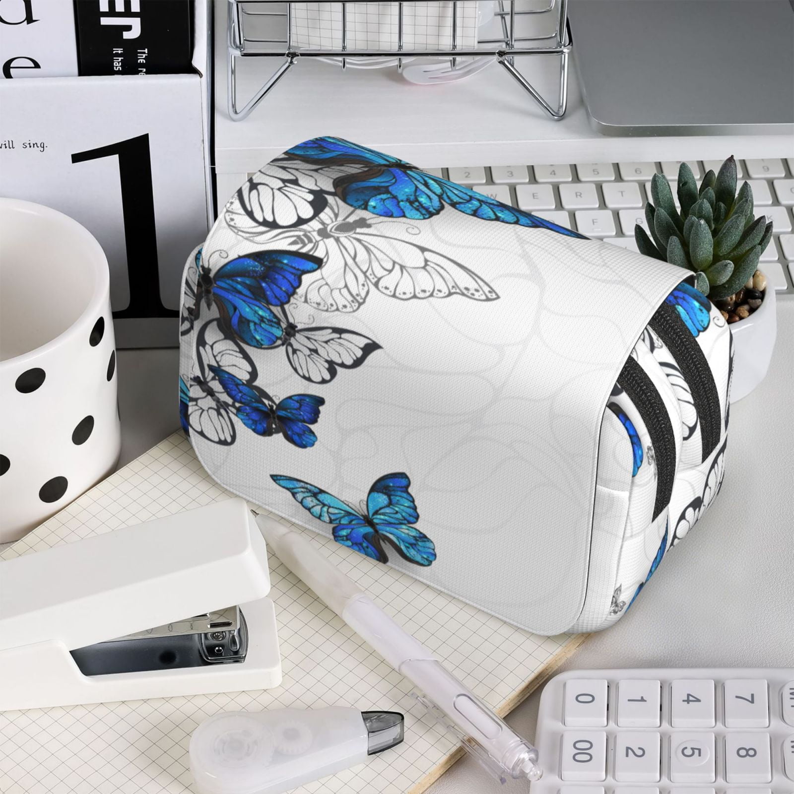 Rateoe Blue Flying Butterflies Pattern Double Clamshell Pen Case, Storage Organizer with Two Zipper Compartments– Holds Up to 50 Pencils & Pens