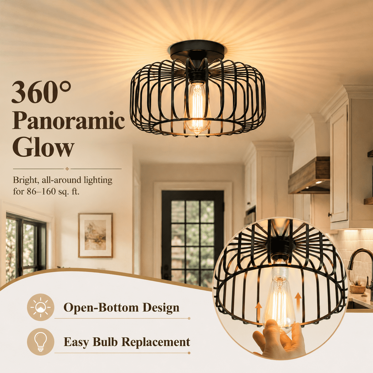 DONGPAI 11.8" Black Cage Mini Chandelier with LED Bulb, Flush Mount Ceiling Light Industrial Kitchen Light Fixtures for Hallway Bedroom Dining Room
