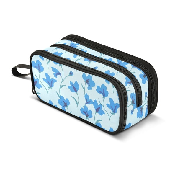 FORMRS Pencil Case with 3 Compartments School Large Capacity Zipper Pen Pouch Stationery Organizer, Blue Flowers Pattern