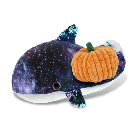 DolliBu Super Soft Space Sequin Plush Purple Whale Stuffed Animal with Pumpkin Decor - Pumpkin Plush Animal for Fall, Halloween and Thanksgiving, Pumpkin Toy for Baby, Kids, Adults - 12 Inches