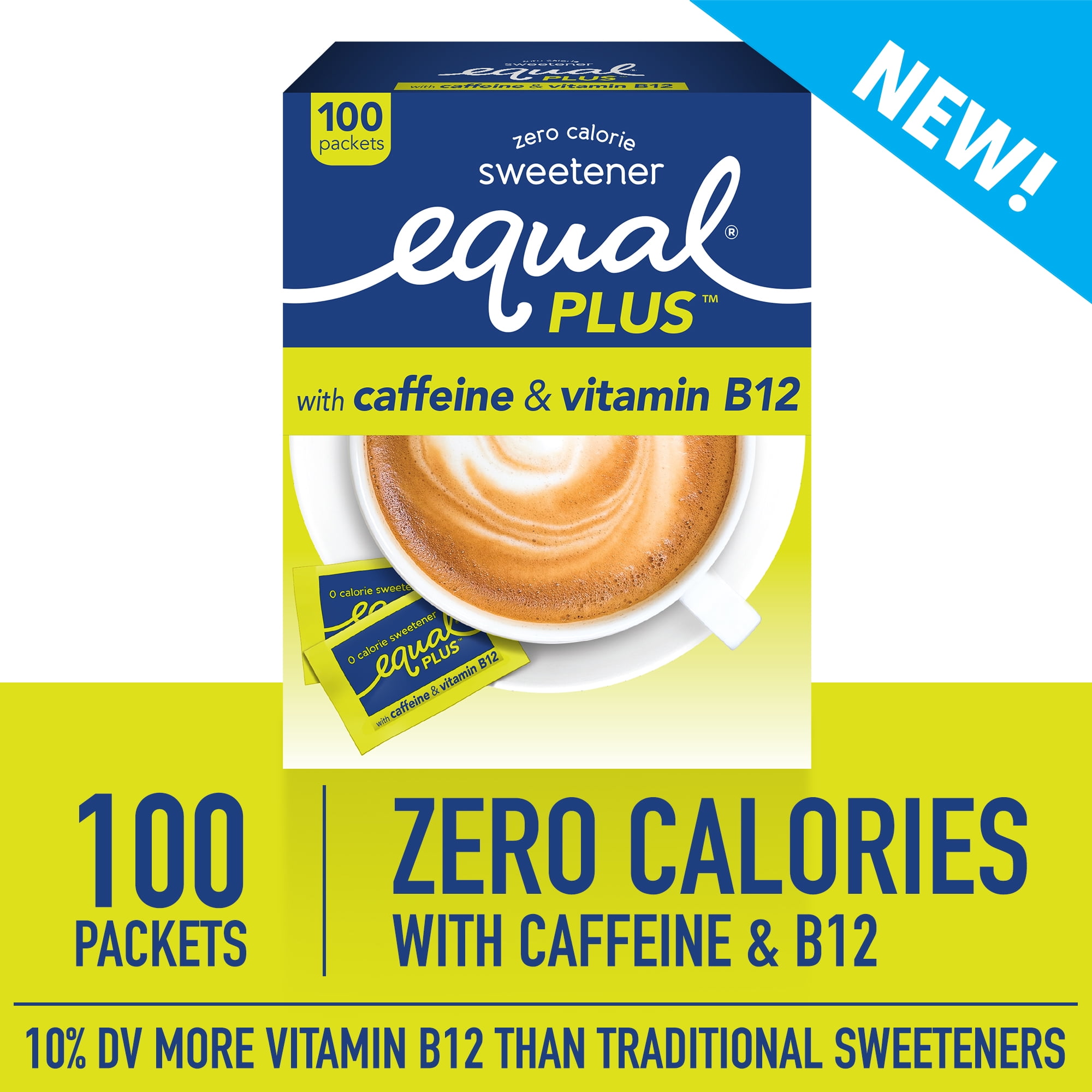 Equal PLUS Sweetener Packets with Caffeine and Vitamin B12, 100 Ct.