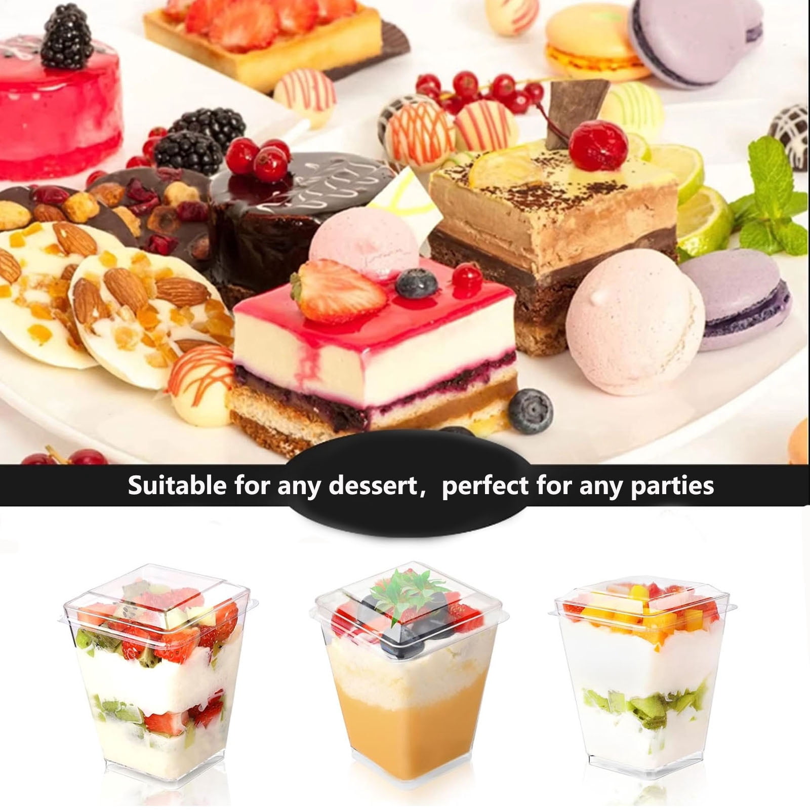 BagDream 50 Pack 5 oz Plastic Dessert Cups with Lids and Spoons, Yogurt Parfait Appetizer Cups Mini Dessert Shooter Cups for Pudding, Fruit and Ice Cream
