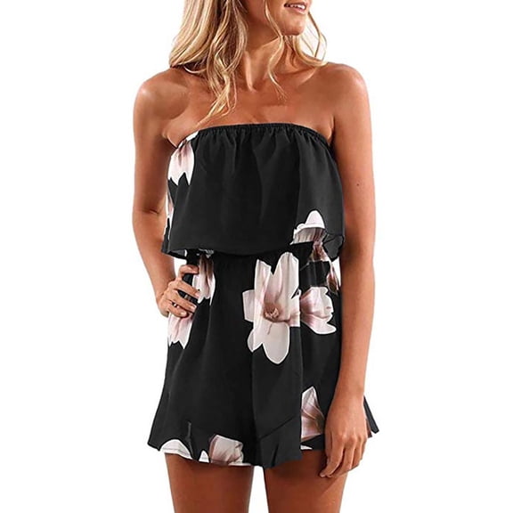 Chiffon Short Jumpsuits Womens Off Shoulder Floral Dressy Casual Pleated Romper Shorts Summer Beach Boho Outfits with Flowy Hem