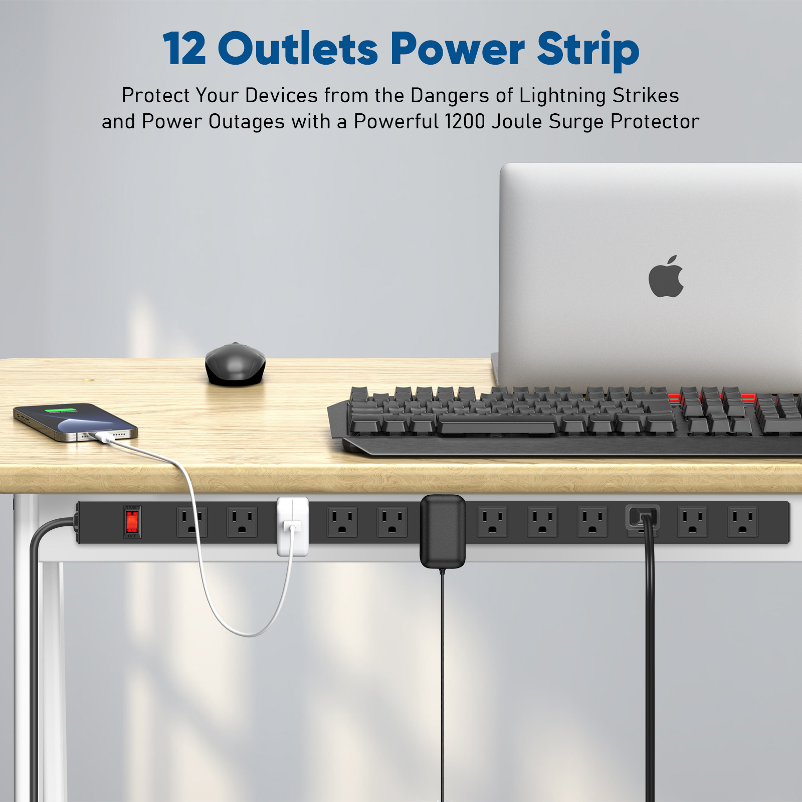 VILONG 12-Outlet Heavy Duty Power Strip with 10ft Long Cord,1200J Surge Protector,15A Adapters Plugs–for Commercial Electronics Use (Black,ETL Listed)