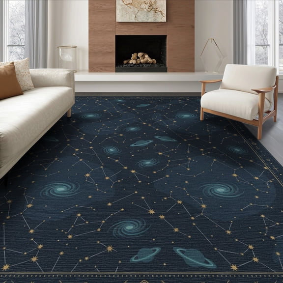 ODIKA 8'x10' Washable Area Rug Durable, Non-Slip Constellation Map With Cosmic Night Sky Design Space Star Galaxy Playful for Living Room, Under Sectional, Family