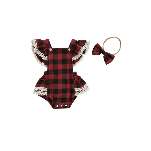 Infant Baby Girls Christmas Bubble Romper Red Plaid Lace Trim Bodysuit Ruffle Sleeve Party Playsuit Outfit